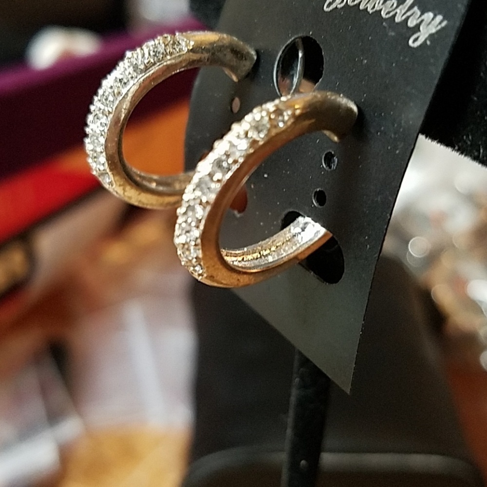 Rhinestone Hoop Silver Tone 0.75" Earrings